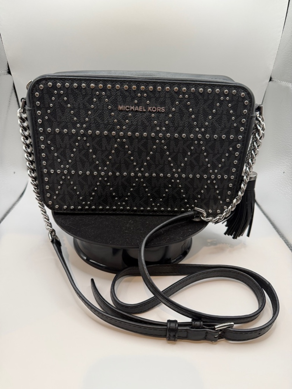 Michael Kors Black Studded Logo Crossbody with Adjustable Chain Strap